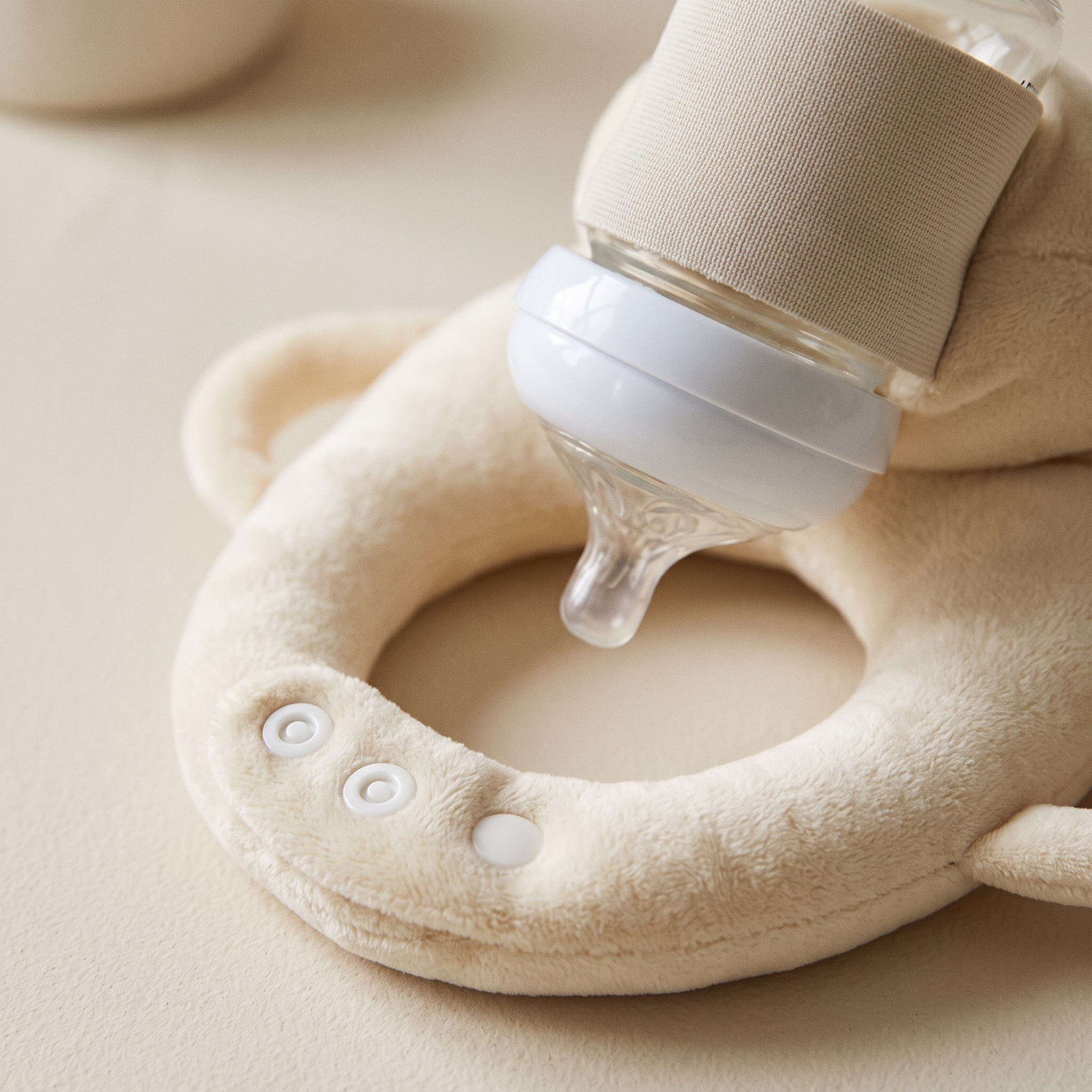 Close detail of the Cradlely bottle holder plush fabric and snap buttons