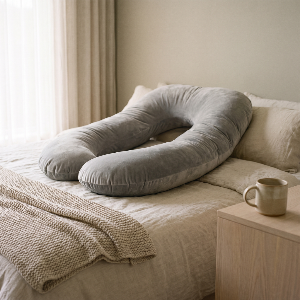 Nessa pregnancy pillow on a bed beside a folded knit throw