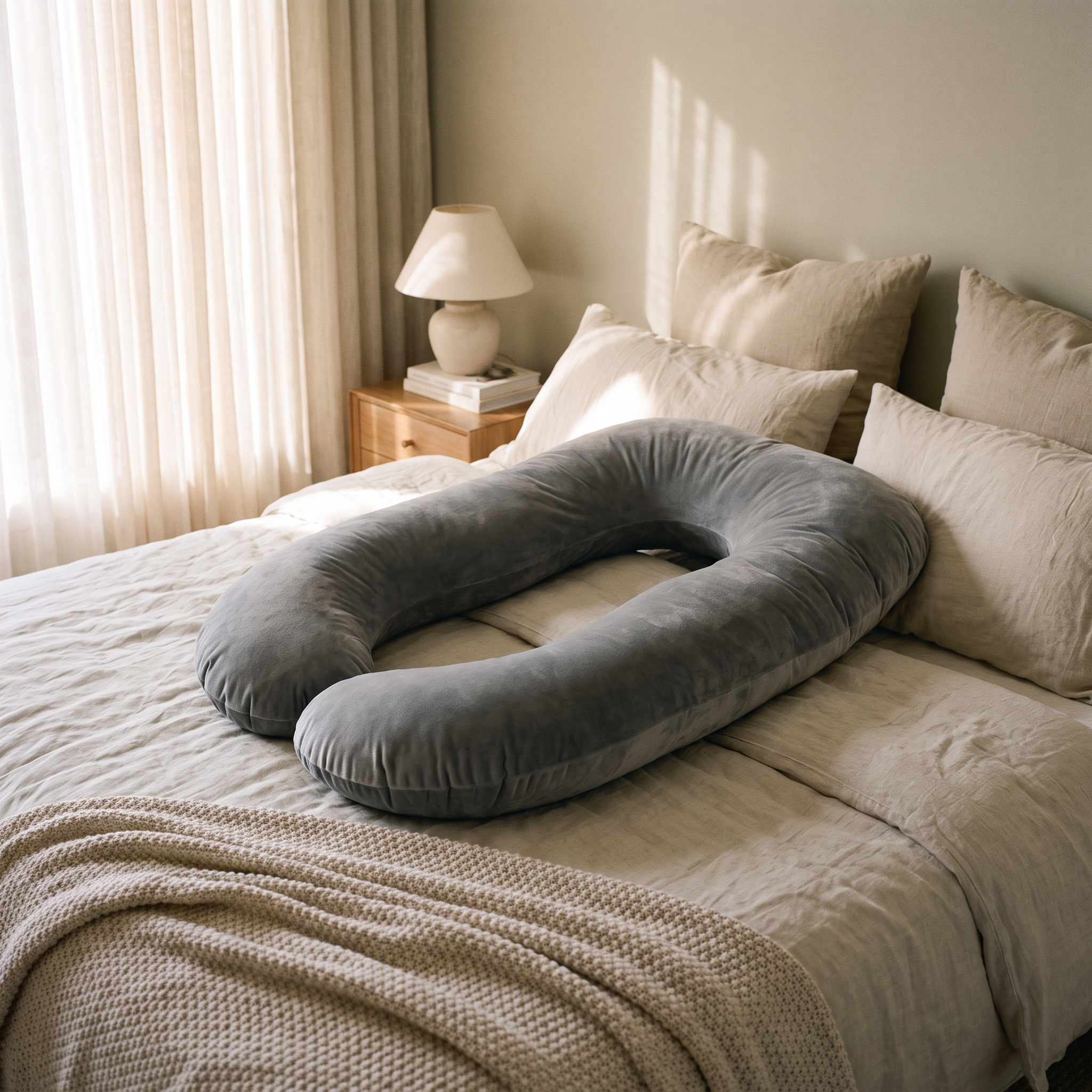 Nessa pregnancy pillow on a bed with cream linen bedding