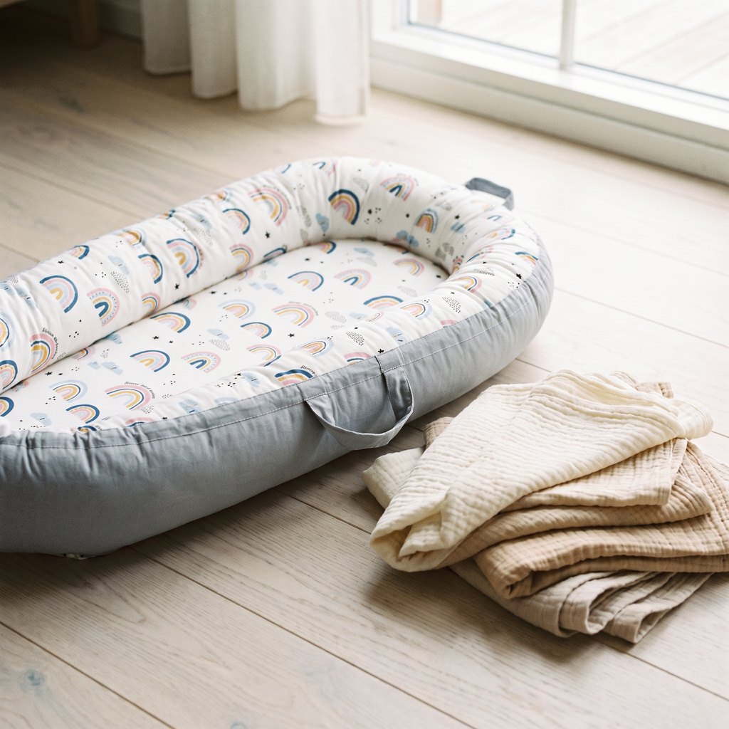 Wren lounger nest on a pale wood floor with side carry handles visible