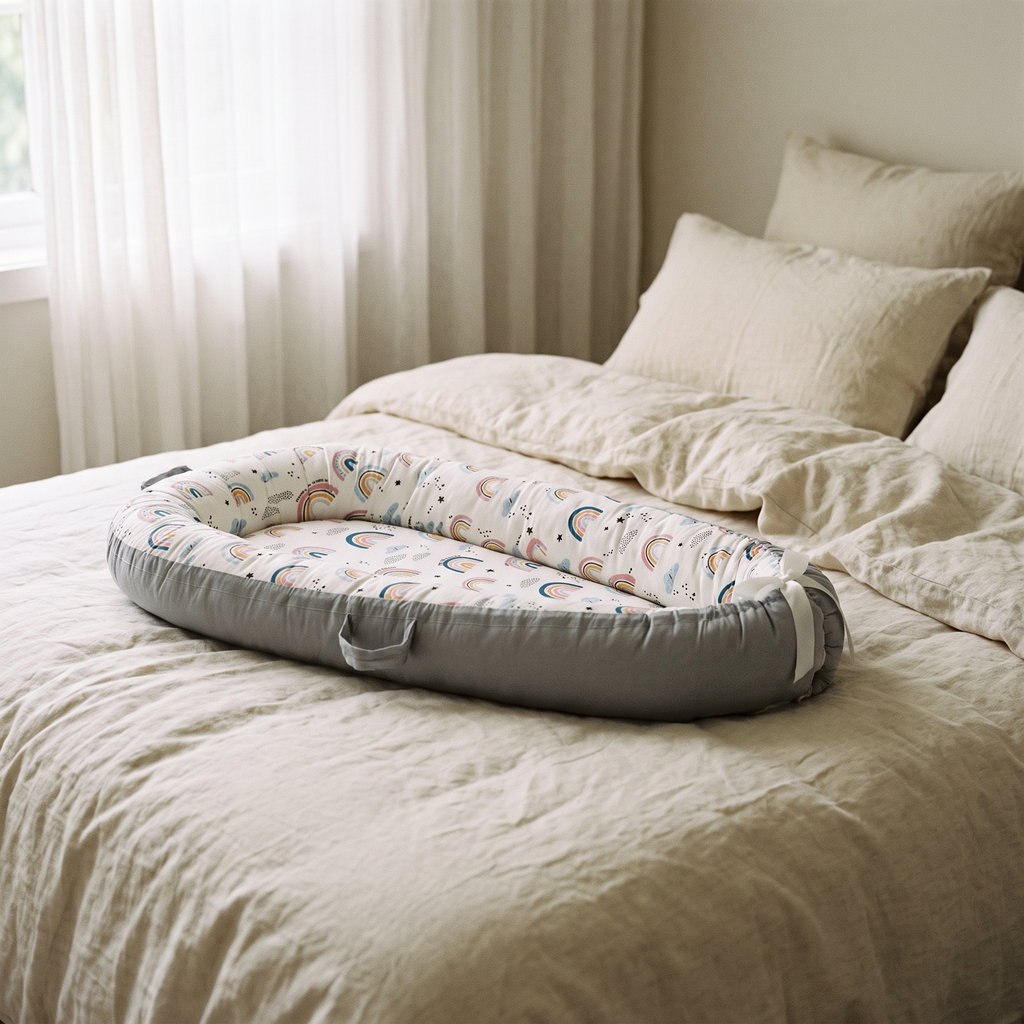 Wren lounger nest on a bed with cream linen bedding