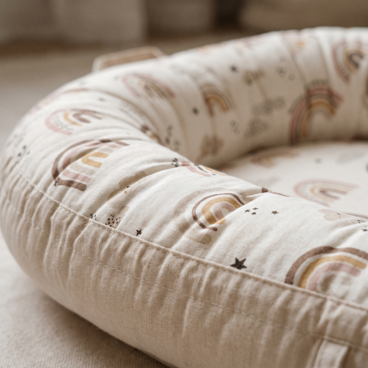 Close detail of the Wren lounger nest bumper stitching and cotton weave