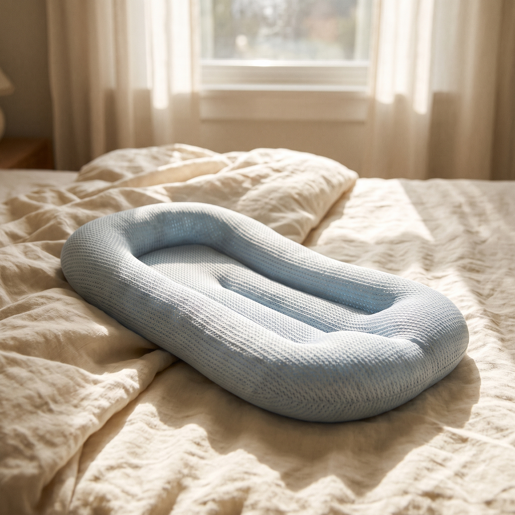 Aeris lounger backlit on a bed showing the open mesh weave
