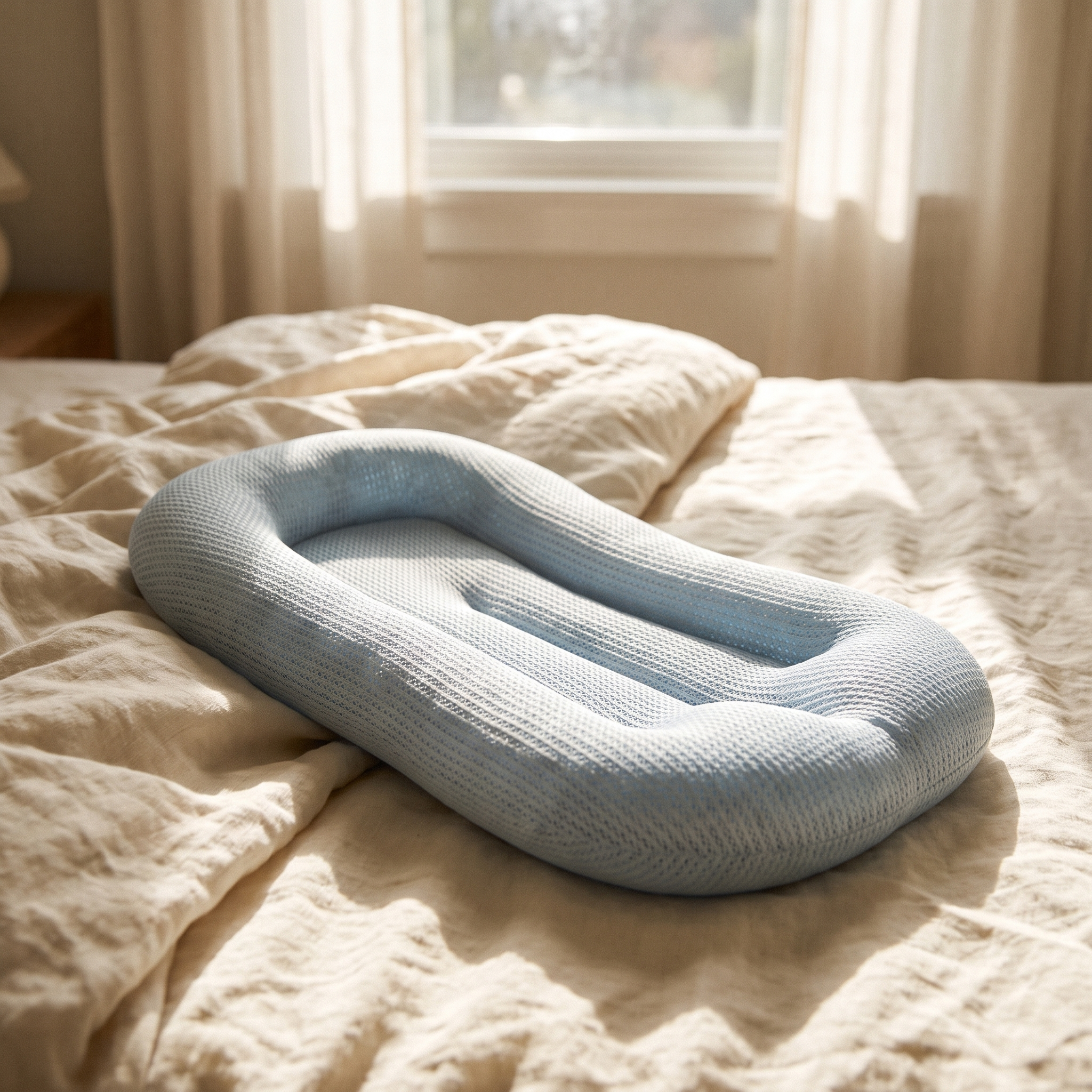 Aeris lounger backlit on a bed showing the open mesh weave