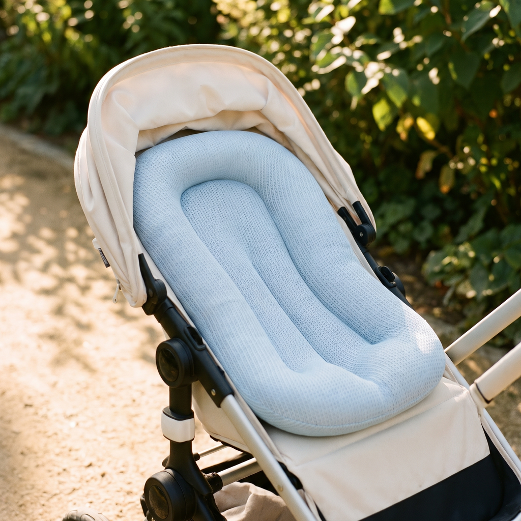 Aeris lounger fitted into a stroller seat outdoors