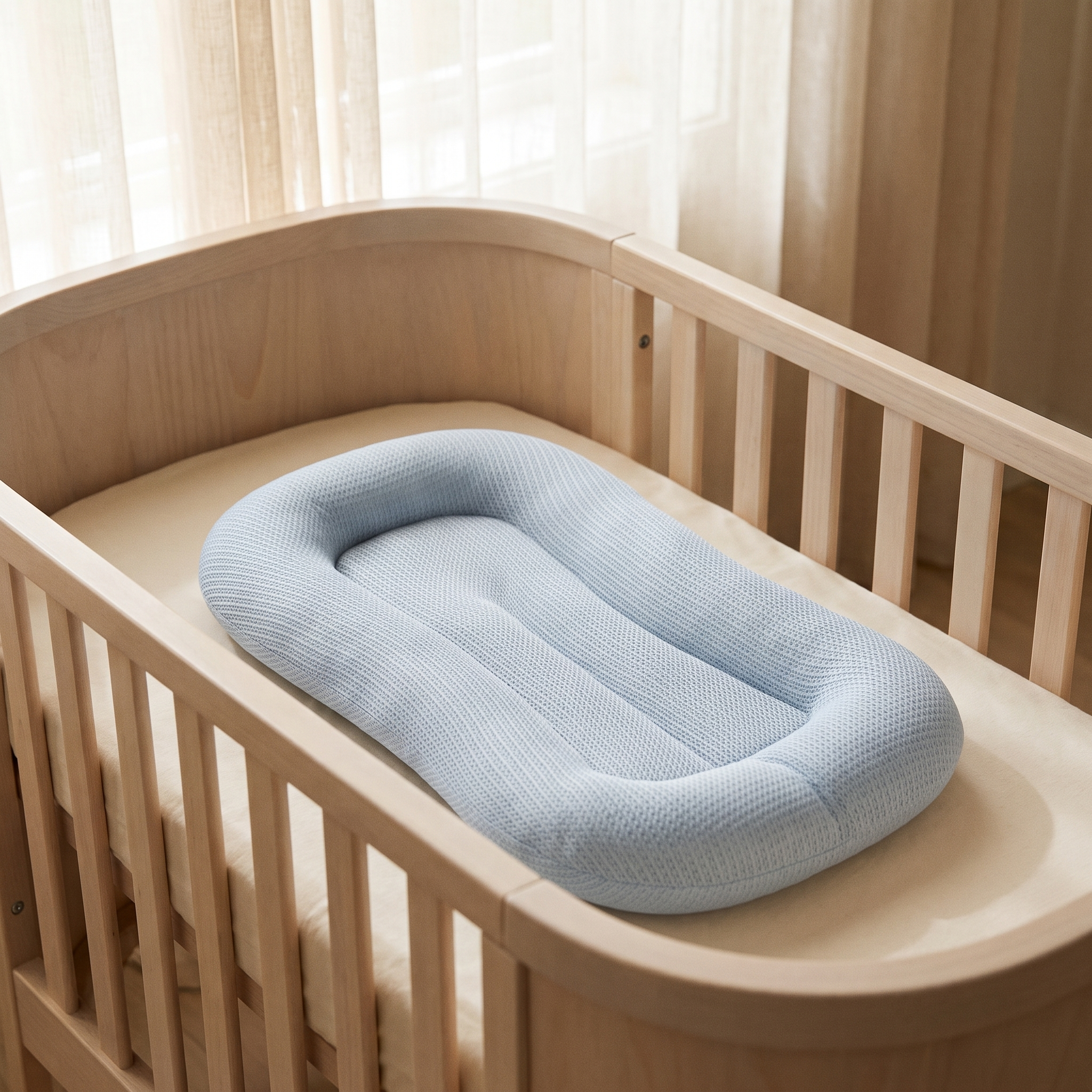 Aeris lounger inside a pale wood bassinet