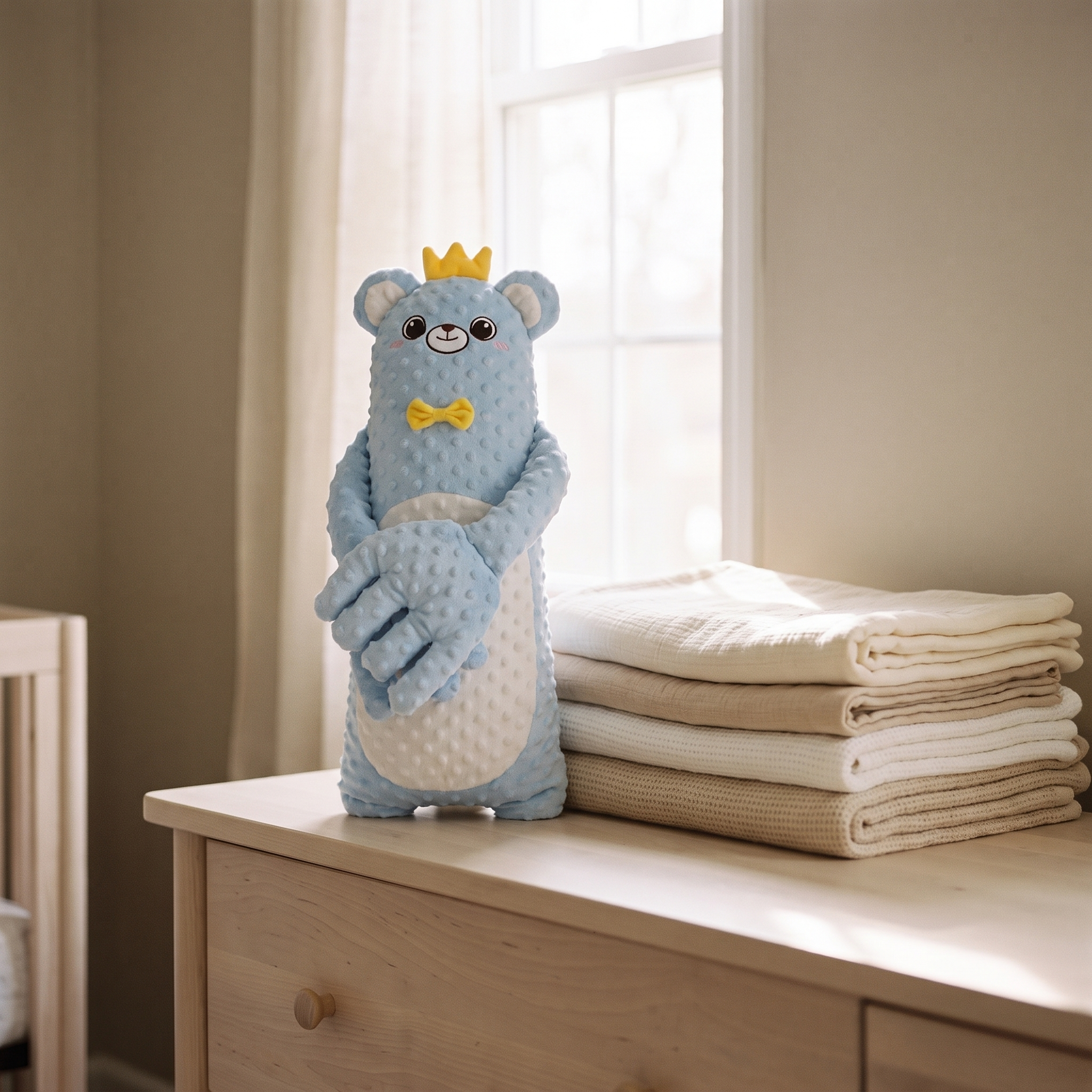 Lull baby patter on a nursery dresser beside folded cotton blankets