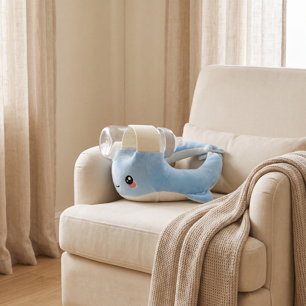 Marlowe feeding pillow on a nursing chair holding a bottle