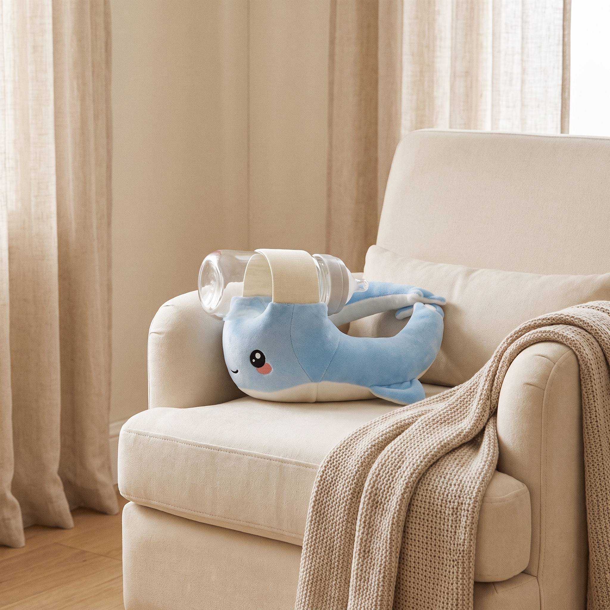 Marlowe feeding pillow on a nursing chair holding a bottle