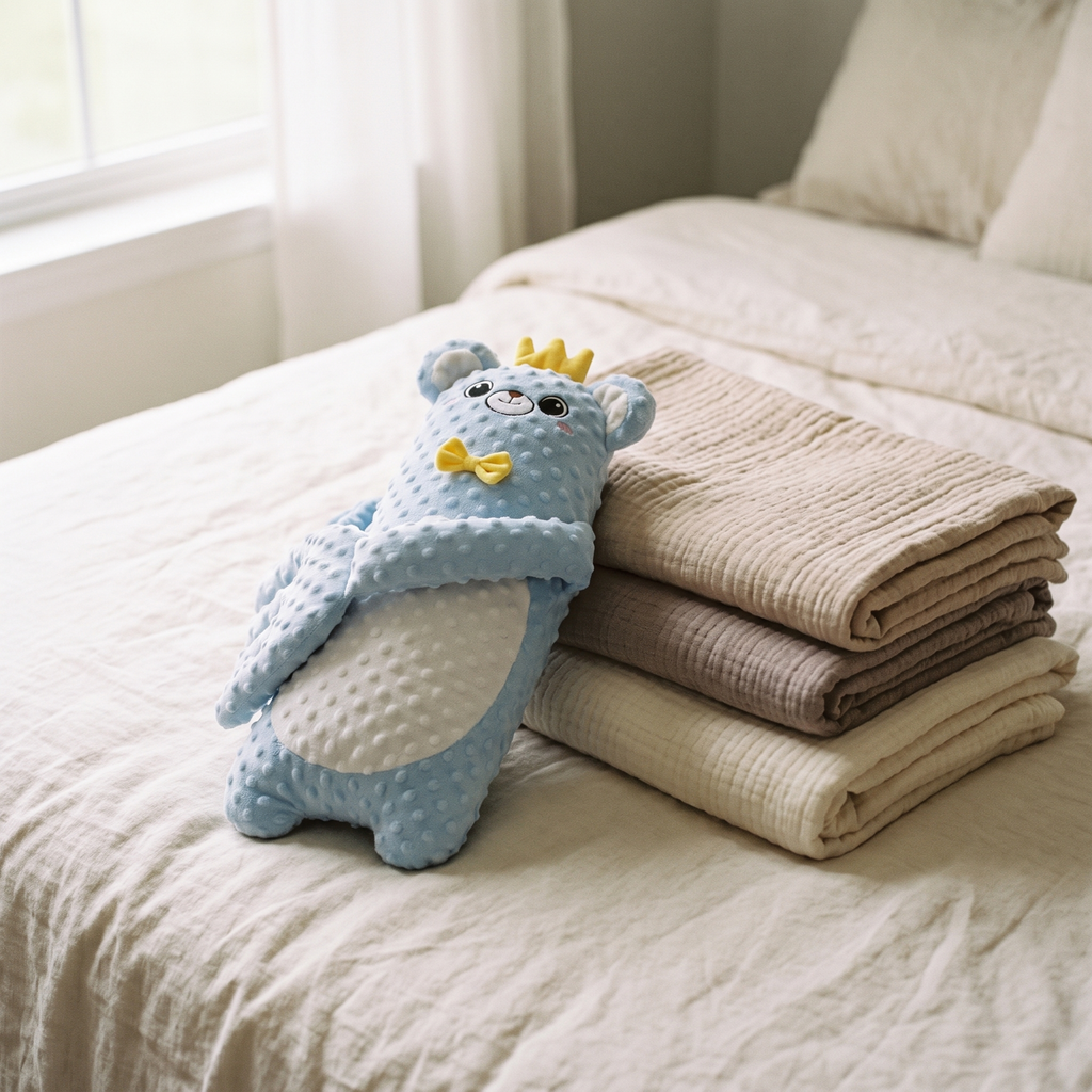 Lull baby patter on cream linen beside folded muslin blankets