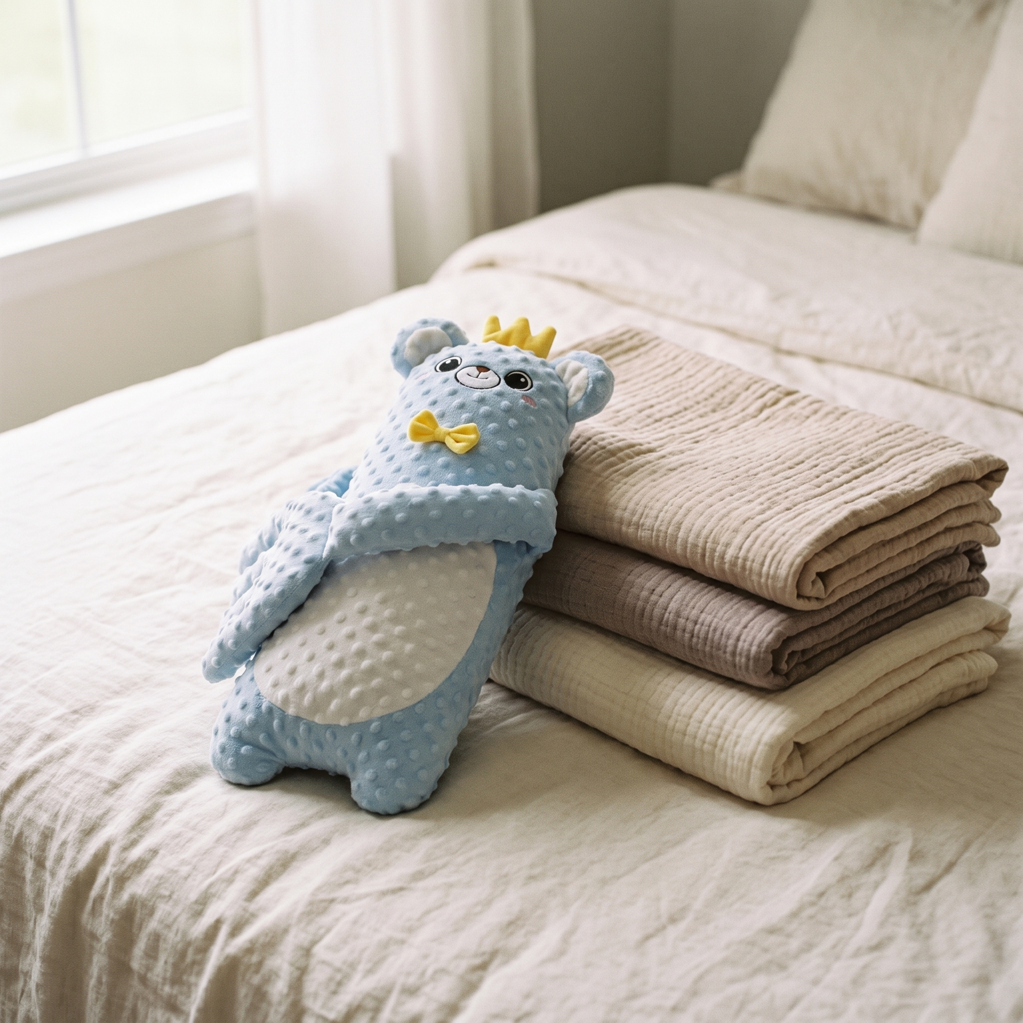 Lull baby patter on cream linen beside folded muslin blankets