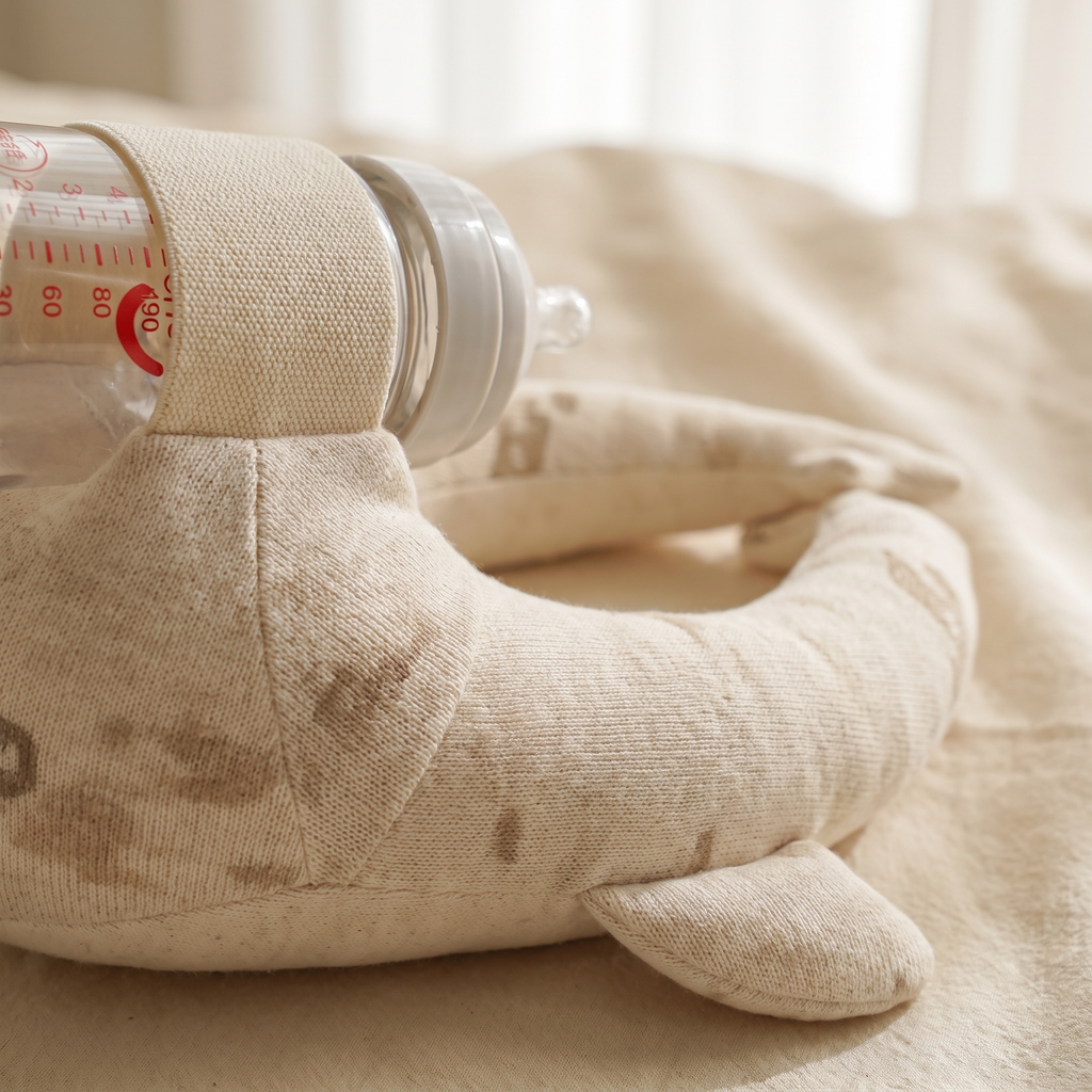 Close detail of the Marlowe feeding pillow fabric and whale print