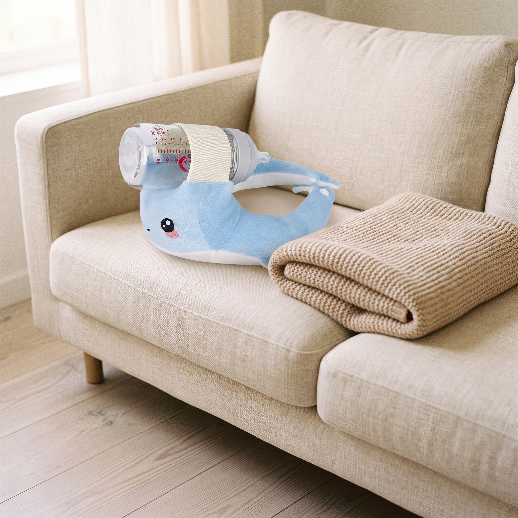 Marlowe feeding pillow on a cream sofa with a folded knit throw